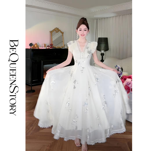 【孤品样衣，不退不换】【南法夏日】亮片刺绣V领网纱连衣裙手工钉钻2025春季 商品图3