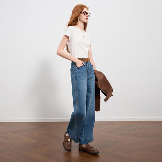 三彩2025秋季新款牛仔裤收腰休闲裤直筒裤九分裤复古水洗M 商品图3