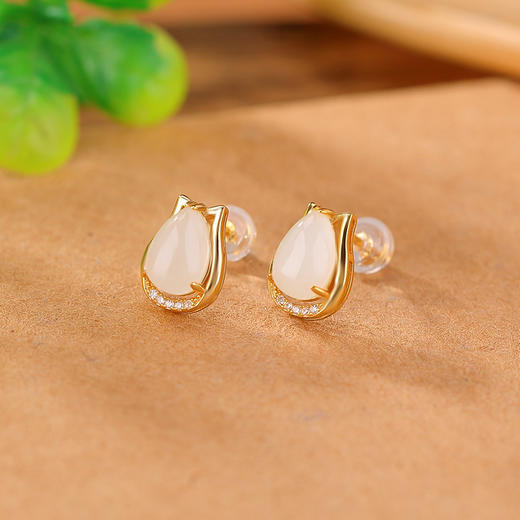 【馥郁】S925纯银镀金郁金香花卉和田白玉银耳饰【CW-23263】 商品图2