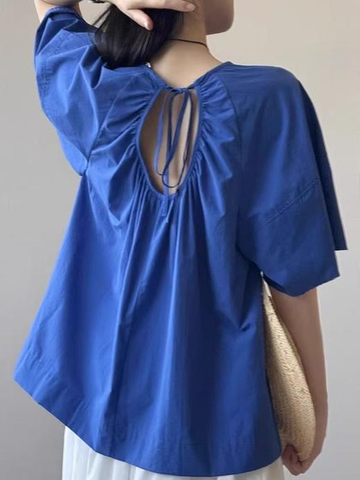 A5989韩系纯棉系带露背镂空娃娃衫女 夏季设计感圆领短袖衬衫 商品图4