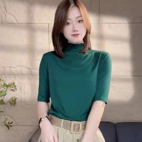 Awm-24012025早秋新款时尚半高领纯色T恤女士修身内搭上衣时尚打底衫