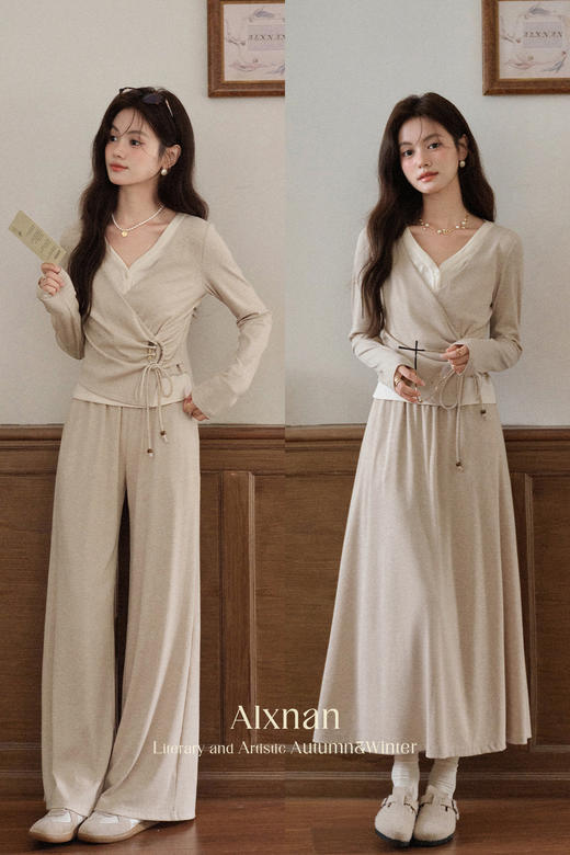 鹿向南「油画风铃」假两件燕麦色长袖t恤休闲裤早秋穿搭一整套女 商品图5