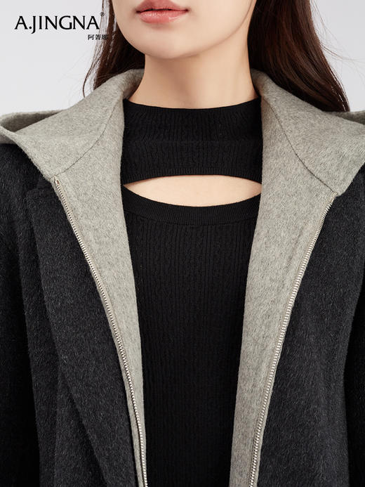 【商城同款】阿菁娜休闲百搭连帽假两件长款羊毛大衣F30D211023 商品图4