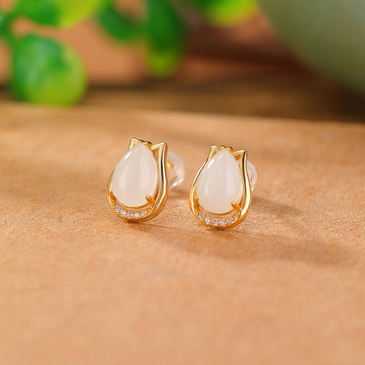 【馥郁】S925纯银镀金郁金香花卉和田白玉银耳饰【CW-23263】 商品图1