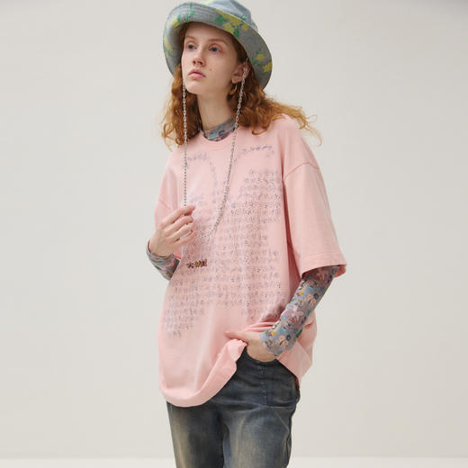 谜底T恤短袖女2025秋季新品休闲百搭印花纯棉磨毛大廓形253MT1038 商品图1