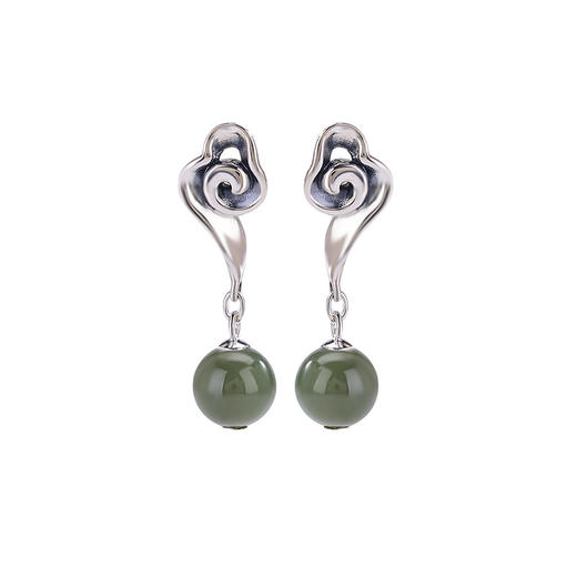 【祥云清影】S925纯银天然和田玉晴水玉祥云圆珠耳饰【CW-ED03935】 商品图4