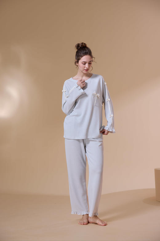 【第二件 0 元｜ 满2件 5 折】【秀黛】女圆领蝴蝶结长袖套装女士春秋睡衣家居服S3551002T【门店同款】 商品图6