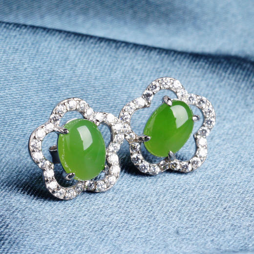 【预售3天】925纯银镶嵌和田碧玉耳环新中式国潮古风梅花玉耳8710245113 商品图2