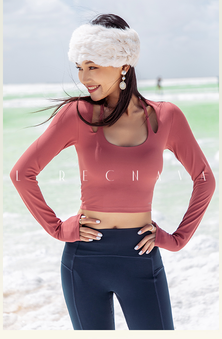 【裸感】法式红挂脖带胸垫长袖弹力紧身健身服女瑜伽服