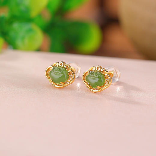 【如意清欢】S925纯银碧玉平安如意天然和田镂空花丝银耳钉【CW-ED03925】 商品图1