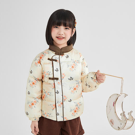 笛莎Deesha 童装女童羽绒服2025冬新款女童国风拼接水墨风花朵轻薄羽绒服 商品图0
