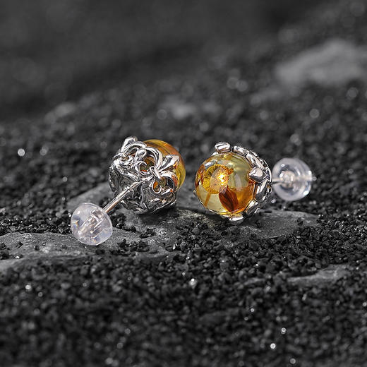 【繁华幻梦】花珀S925纯银花苞镂空圆珠耳钉【CW-ED04226】 商品图2