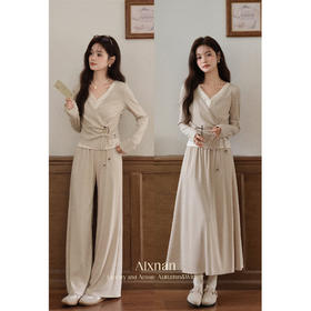 鹿向南「油画风铃」假两件燕麦色长袖t恤休闲裤早秋穿搭一整套女