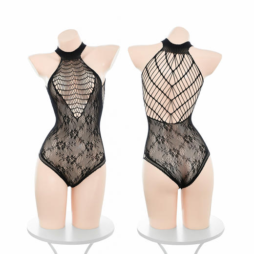 霏慕 蛛网勾心镂空提花连体网衣7541 可撕连体衣挂脖透视网衣诱惑情趣内衣 商品图7