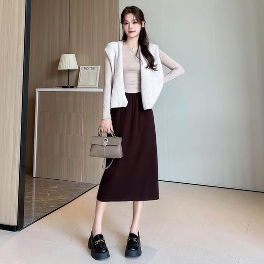 螺纹半身裙女春秋季高腰修身针织中长款长裙开叉a字包臀裙子 商品图5