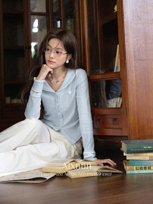 【6折秒杀】鹿向南「秋日蓝调」蓝色娃娃领长袖T恤女秋季显瘦针织衫开衫上衣L56993 商品图4