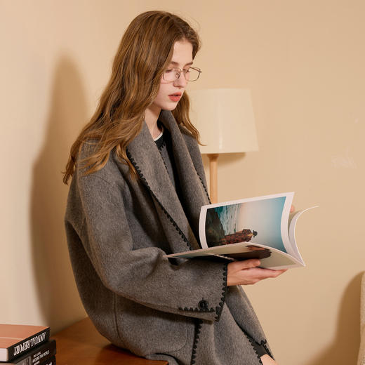 【100绵羊毛】三彩2025冬季新款双面呢大衣围巾贝壳绣外套S 商品图1