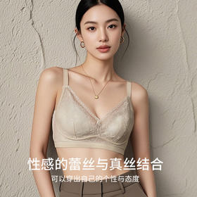 真丝无钢圈呼吸感内衣 桑蚕丝蕾丝花边小V领聚拢收副乳文胸TG02S264