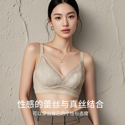 真丝无钢圈呼吸感内衣 桑蚕丝蕾丝花边小V领聚拢收副乳文胸TG02S264 商品图0