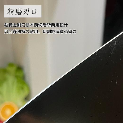 【prefered黑金钢斩切刀】优质钢材，采用5cr15mov钢材冷锻至58度,刀身一体成型，稳固耐用前切后斩，两用设计,采用欧标喷漆工艺，对人体无副作用，食品级接触经过第三方检测各项指标均合格. 商品图2