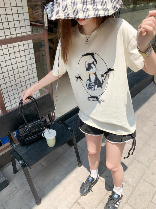 <曾小咸推荐>现货秒杀！卖完不补 ！微信打折价！猫咪印花小蝴蝶结短袖 日常109.99 立减50 秒杀59.99！抽绳牛仔短裤秒杀79.99！！ 商品图7