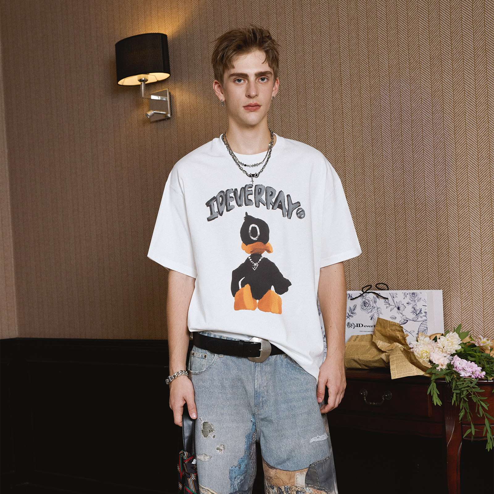 IDEVERRAY品牌发泡夜光小黑鸭短袖情侣t恤油画宽松上衣男夏季21MSL-TM660