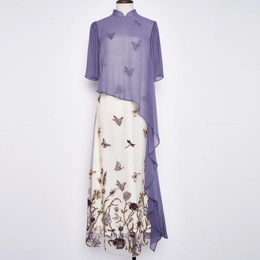 吉祥衣家新中式国风蚕桑丝裙子显瘦修身女装蝶之舞刺绣真丝连衣裙 商品图0