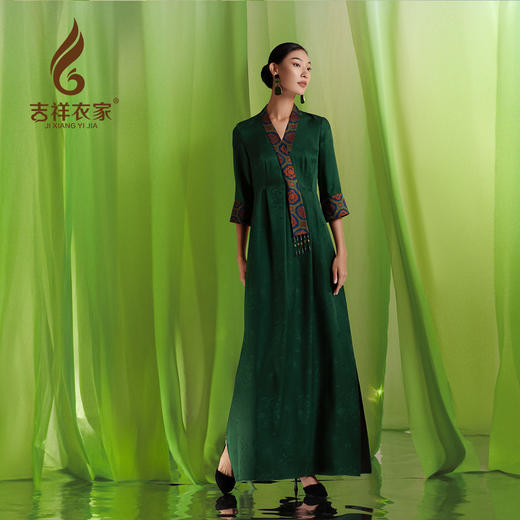 吉祥衣家新中式国风新款高端气质显瘦修身女装羽裳楚楚真丝连衣裙 商品图1