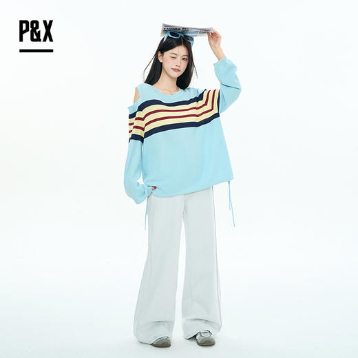 P&X设计师女装2025秋季长袖极套撞色头针织衫825331105 蓝色 商品图2