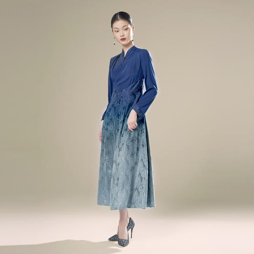 吉祥衣家新中式国风渐变裙子气质修身女装扶墙花影动连衣裙 商品图3
