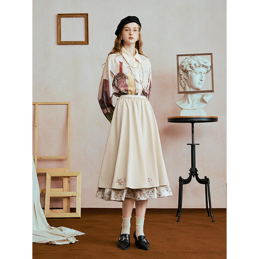 两三事梵高文艺栖光掠影2025秋季新款复古刺绣双层裙摆a字半身裙 商品图1