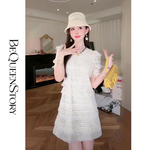 【孤品样衣，不退不换】【浮世独白】轻奢层次感镂空钩花蕾丝圆领连衣裙2025春 商品图2