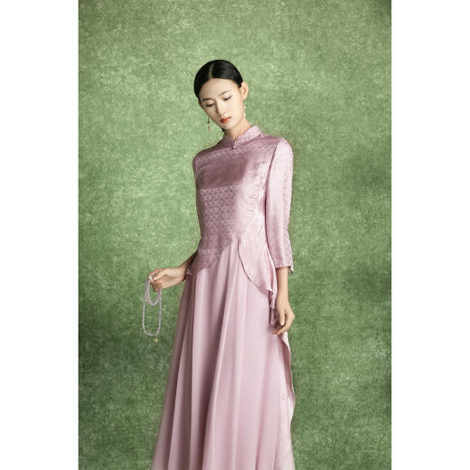 吉祥衣家中式国风高定真丝裙子气质显瘦修身女装樱花红陌上连衣裙 商品图0