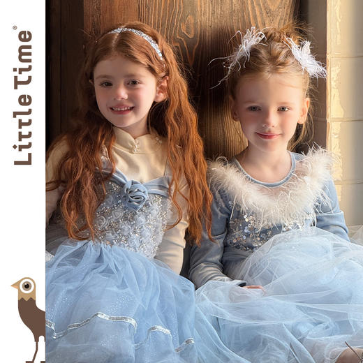 Littletime女童连衣裙2025秋冬新款儿童冰雪羽毛爱莎披肩公主裙 商品图3