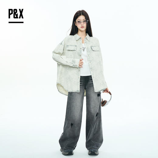 P&X设计师女装2025秋季复古潮流牛仔短款衬衫 825305263 浅灰 商品图1
