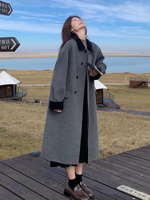 【YW】无忧购秋冬韩版设计感撞色翻领灰色大衣女慵懒风松弛感长款毛呢外套8807（截单后3-5天发货） 商品图1