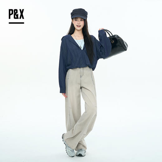 P&X设计师女装2025秋季长袖衬衫百搭假两件小衫825328095 深蓝 商品图1