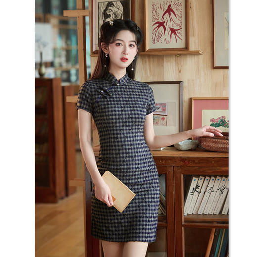 SYK13447风蓝色格子短款旗袍2025年夏季新中式国风修身显瘦少女款旗袍 商品图2
