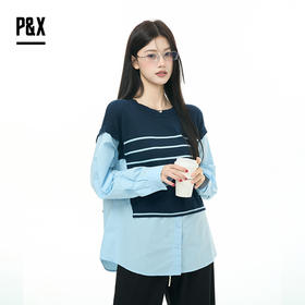 P&X设计师女装2025秋季圆领假两件拼接毛针织衫825331106 蓝色