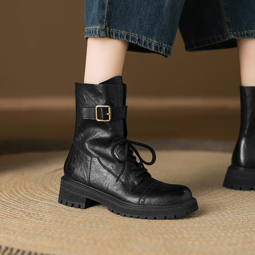 阿么手工女鞋褶皱感小众时装靴皮带扣2025秋冬新款系带短靴4.5C 商品图1