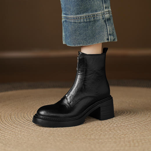 阿么手工女鞋前拉链棕色小短靴女2025新款冬季粗跟通勤靴子6.5CM 商品图3