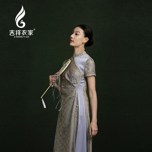 吉祥衣家新中式国风春夏新款气质显瘦修身女装紫玉生烟真丝连衣裙 商品图4