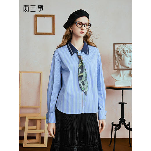两三事雾港迟钟2025秋季新款复古可拆印花领带条纹长袖衬衫女宽松 商品图0