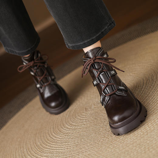 阿么手工女鞋英伦风厚底真皮马丁靴高跟7CM显瘦系带机车短靴冬季 商品图2