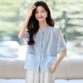 时尚圆领拼接网纱短袖衬衫，百搭气质百搭减龄上衣潮HR-MUZL8068