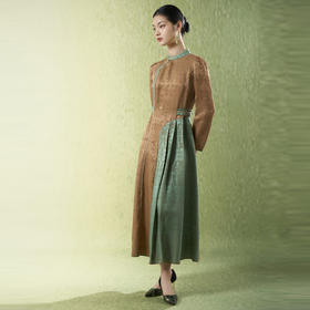 吉祥衣家新中式国风真丝夏款高端气质显瘦修身女装半盏青绿连衣裙