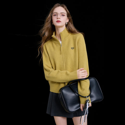 三彩2025冬季新款绣花立领针织衫宽松长袖拉链开衫简约毛衫M 商品图1