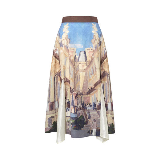 两三事 旧巷夕阳 2025秋季新款法式印花拼布不规则高腰半身裙 商品图4