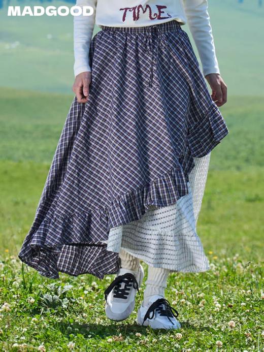 马得工地/MDGDBQ13595/不规则下摆木耳边格纹拼接半裙 商品图2