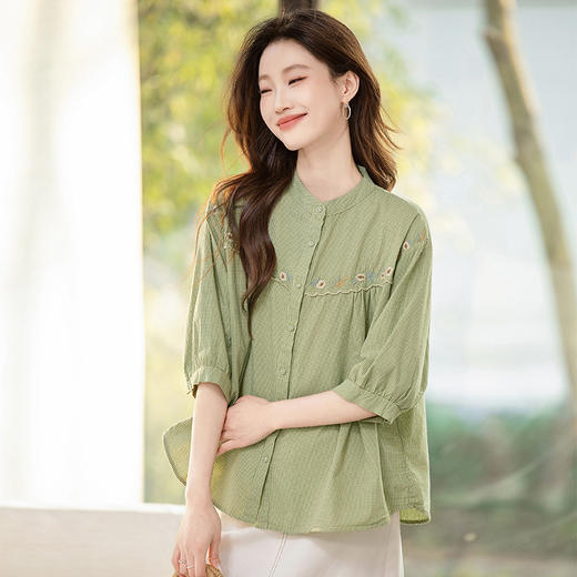 MH-2597法式刺绣职业范衬衫女夏季设计感小众小个子五分袖棉麻开衫上衣女 商品图1